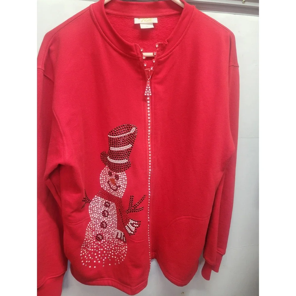 Tia Designs Red Rhinestone Snowman Zip Up Holiday Christmas‎ Sweatshirt Large
